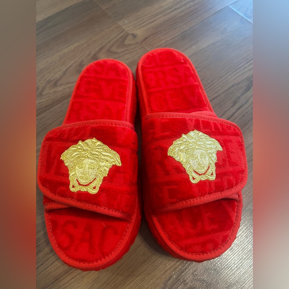 Authentic BNWT Versace Red Slides with Gold Medusa